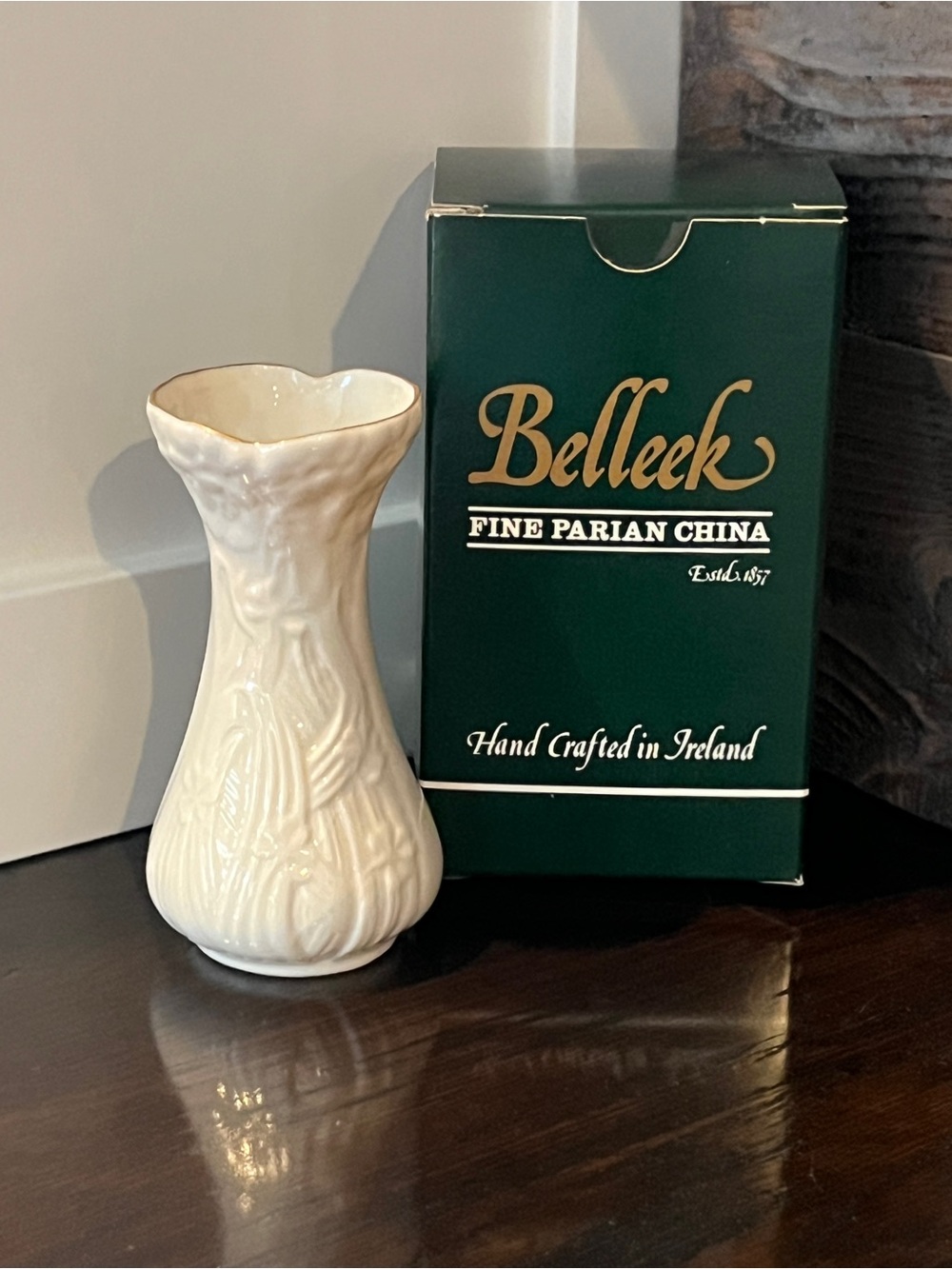 NIB Vintage Belleek Bud Vase with Gold Rim